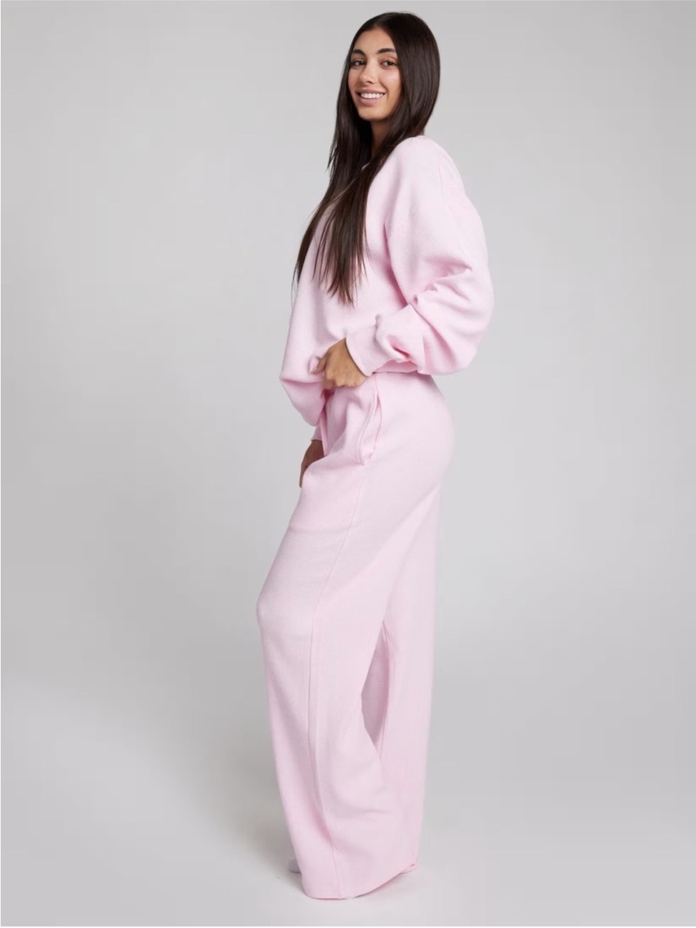 NWOT Comfrt Waffle Lounge Set Long Sleeve Top Wide Leg Pants Cherry Blossom 2XL